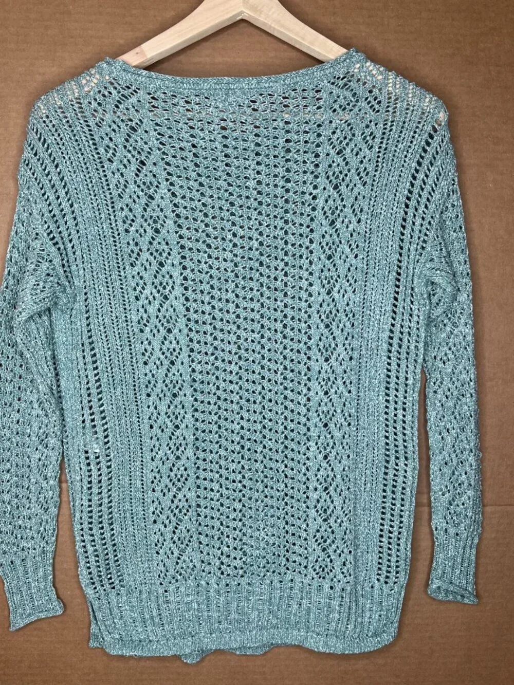 Chico's Light Teal Crochet Knit Sweater | Size 0 (Medium) | Cotton Blend | Boho